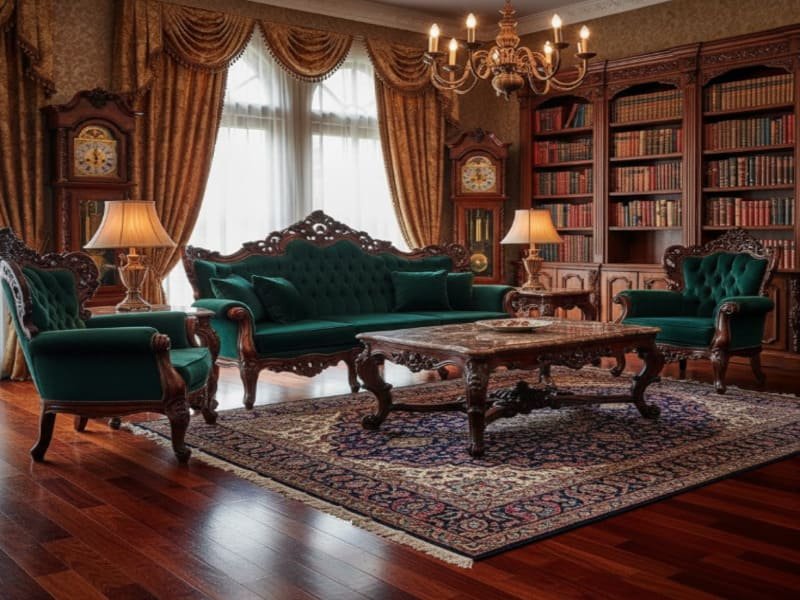 Inneneinrichtung eines Wohnzimmers mit zusammenhängendem Boden und passenden Möbeln